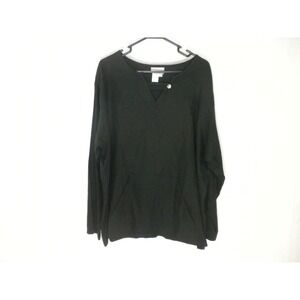 Coldwater Creek Top 2X Black Linen Blend Strappy V Neck Pullover Long Sleeve USA